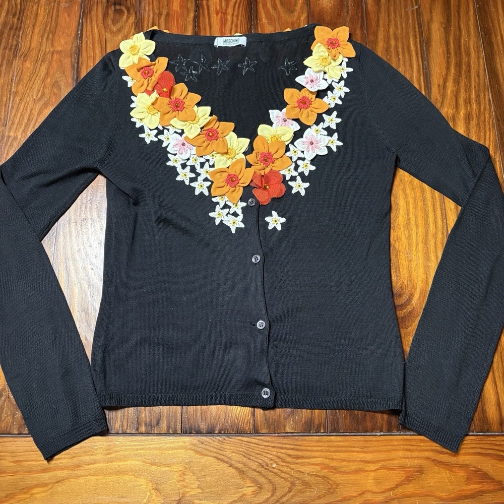 Vtg Moschino Cheap & Chic Black Floral Appliqué Pink Orange Cardigan Silk Sz 8